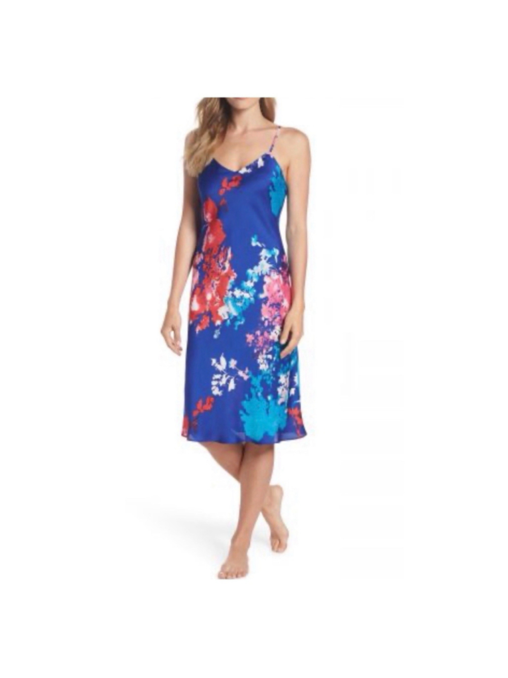 Natori Floral Printed Blue Satin Slip Dress Nightgown Sz L